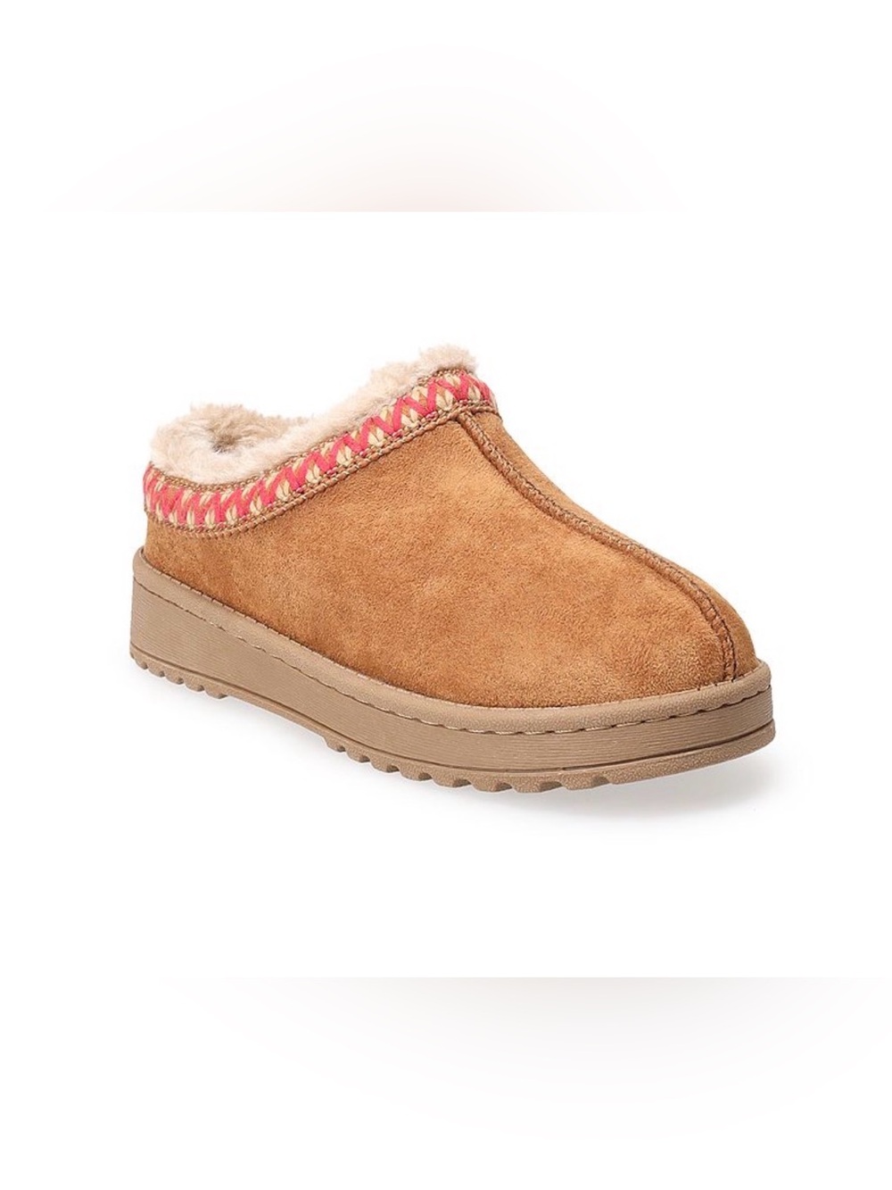 Tan Suede Faux-Fur Lined Slip-On Clog with Pink Trim